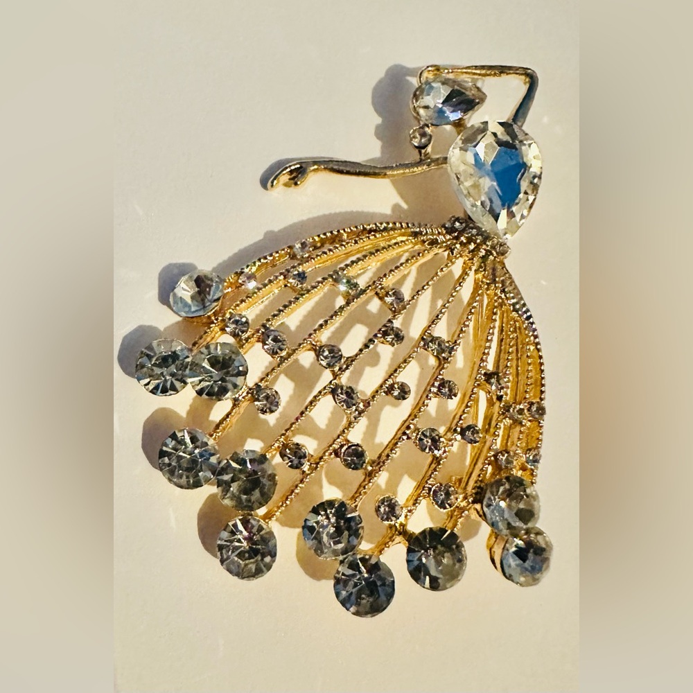 Elegant Gold Tone and Clear Crystal Ballerina  Brooch